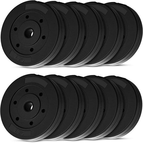 wuuhoo® placas de peso de cemento Mike 30mm, juego 20kg - 30kg, revestido en negro, 1,25, 2,5, 5, 10 kg, placas de peso de plástico para pesas, fitness en casa -